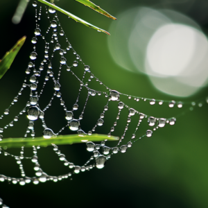Drops of water hang on a spider's web