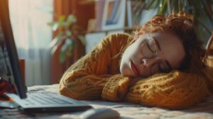 Девушка спит за компьютером